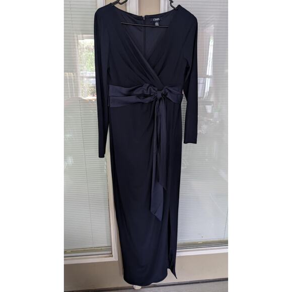 Chaps Modest Sheath Dress Navy Blue Long Sleeve Semi-Formal Maxi Sz. 6 Waist Tie - Picture 1 of 7